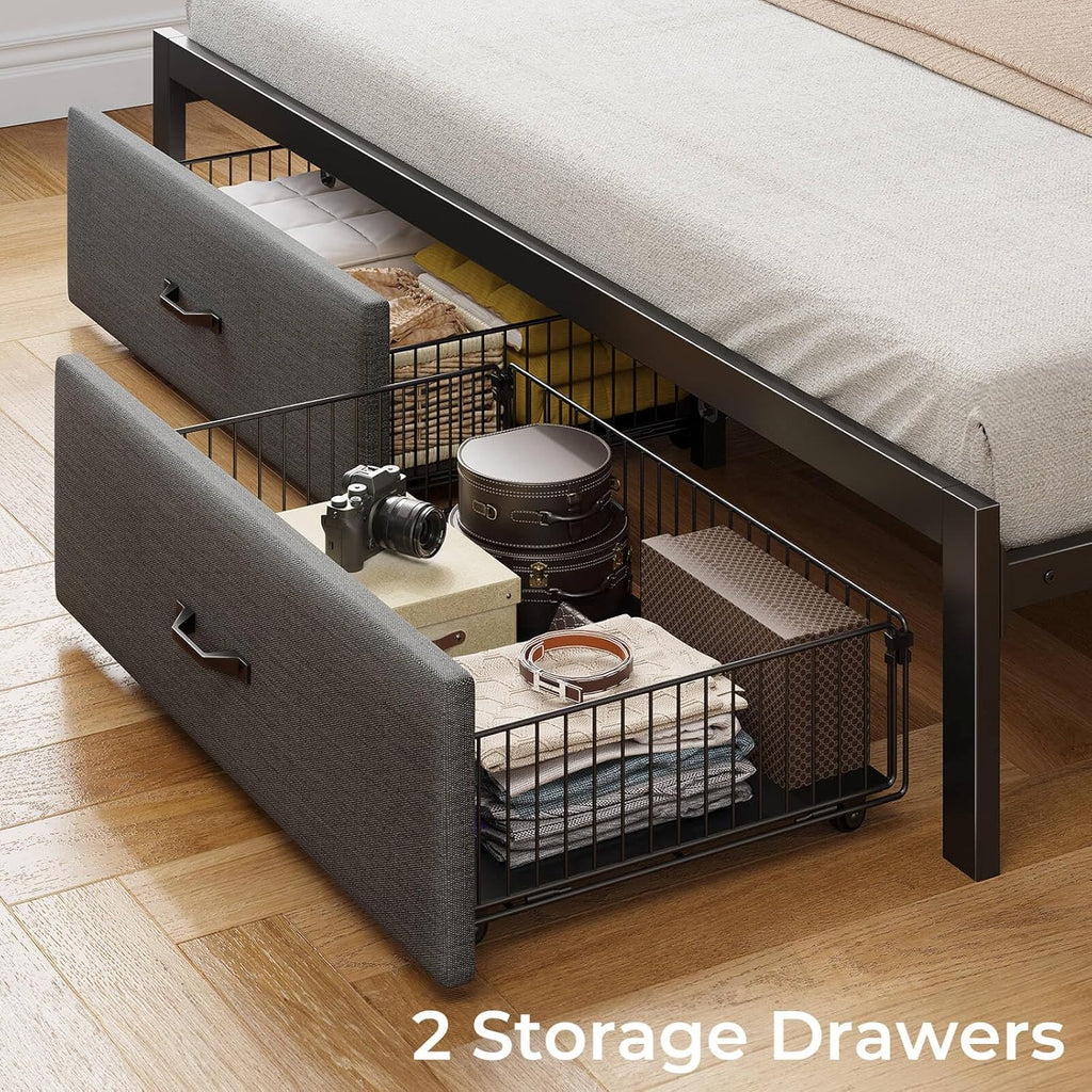 Bed Frame Full with Drawers and Charging Station, Upholstered Platform Bed with Storage Headboard and LED Light