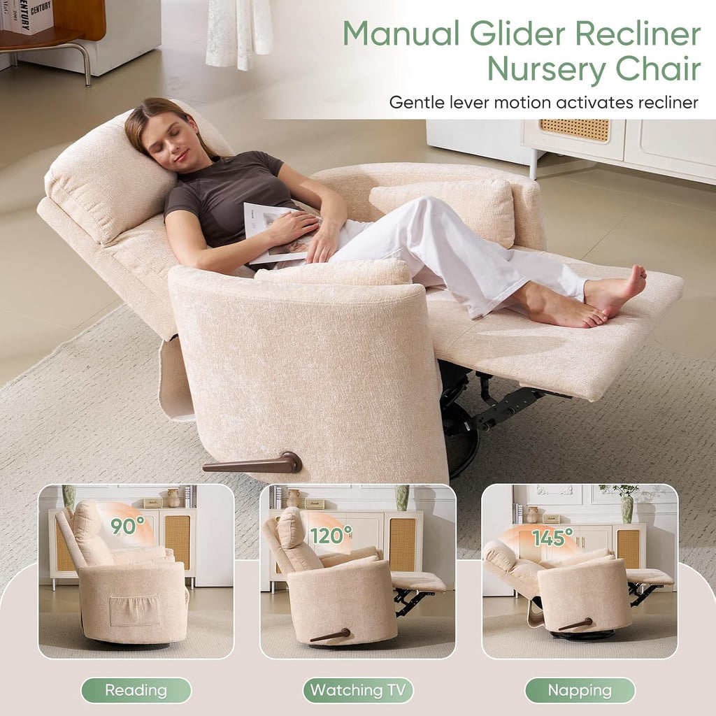 Oversized Swivel Rocker Recliner Chair with Heat and Massage, Rocking Chair Nursery with Adjustable Headrest, Manual