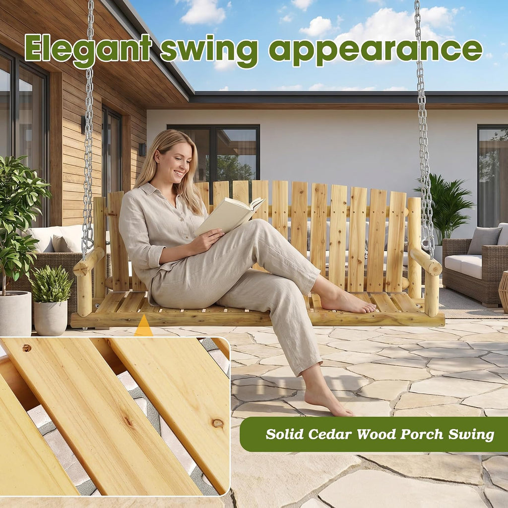 5FT Outdoor Wooden Porch Swing, 3 Person Patio Hanging Bench, Heavy Duty 900 LBS Swing Chair, Solid Fir Wood Porch