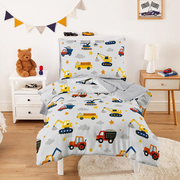 Toddler Bedding Set for Boys, Construction Car Excavator Truck, 4 Pieces Soft Crib Bed Set Including Comforter