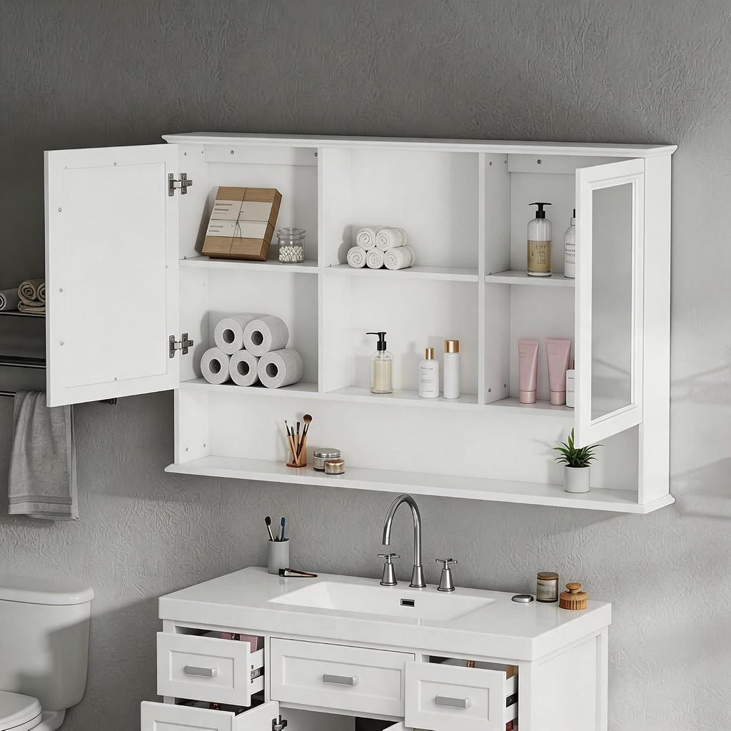 60" Wall-Mounted Bathroom Medicine Cabinet with Double Mirrored Doors, 2-in-1 Mirror & Storage Design Cabinet with