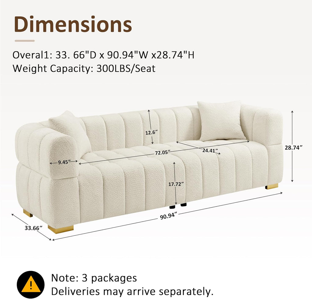 90.94"Cloud Sofa Couch, Modern Deep Seat Boucle Sofa, Oversized Upholstered 3-Seater Comfy Couch Loveseat , White (1