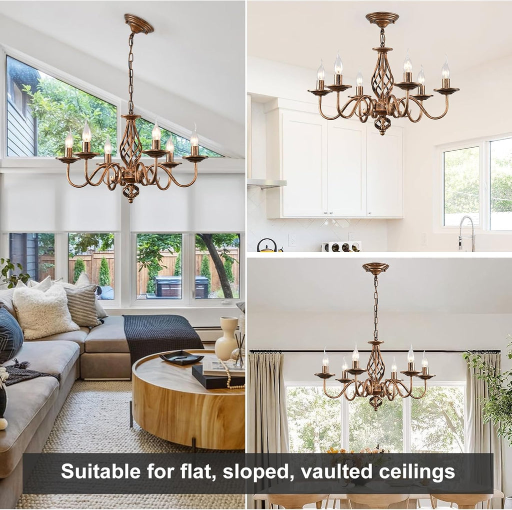 French Country Chandeliers, 6 Lights Rustic Vintage Metal Pendant Light Fixture Hanging Light for Farmhouse, Kitchen Island, Dining Room, Living Room, Antique Bronze E12 Base