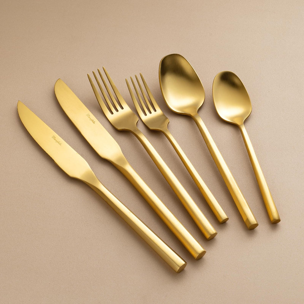 Gold Silverware Set with Steak Knives, Flatware Set with Hexagon Handle 24 Pieces 18/0 Stainless Steel Cutlery Set