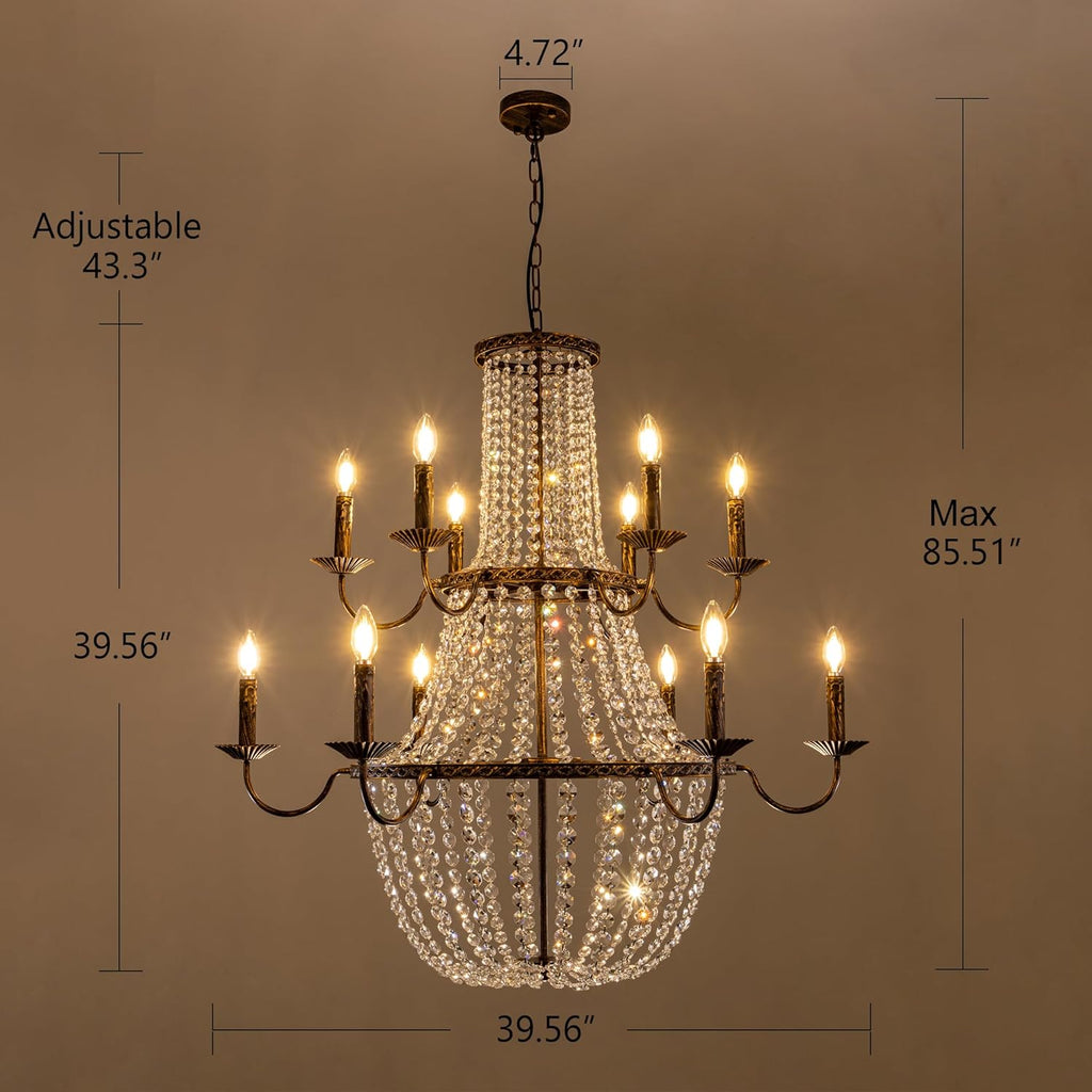 Crystal Chandelier, 40" D French Empire Living Room Chandelier, Rustic Farmhouse Foyer Light Fixture for High Ceilings, Dining Room, Bedroom, Foyer, Staircase, Antique Bronze