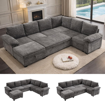 108 Inch Sectional Sleeper L Shaped Sofa with Pull Out Bed, 7 Seat Modular Sectional Sofa with Storage
