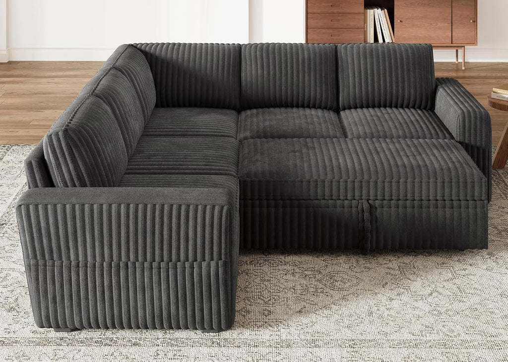 Modular Sectional Sleeper Sofa with Pull Out Bed,Corduroy L Shaped Couch with Storage, Sectional Couches ,Dark Grey