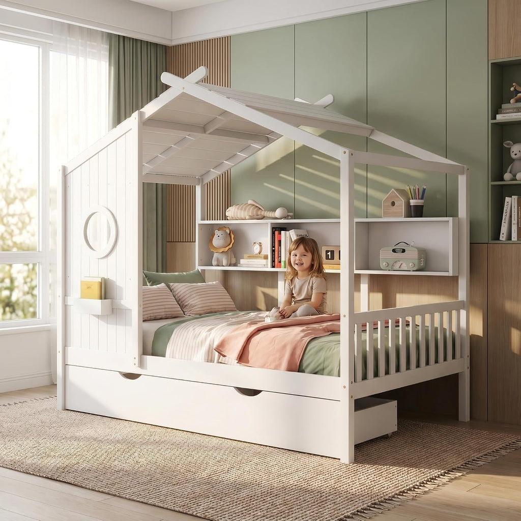 Full Size Bed Frames with Trundle, House Bed for Kids with Storage Shelves, White, 78" L X 58" W X 72" H