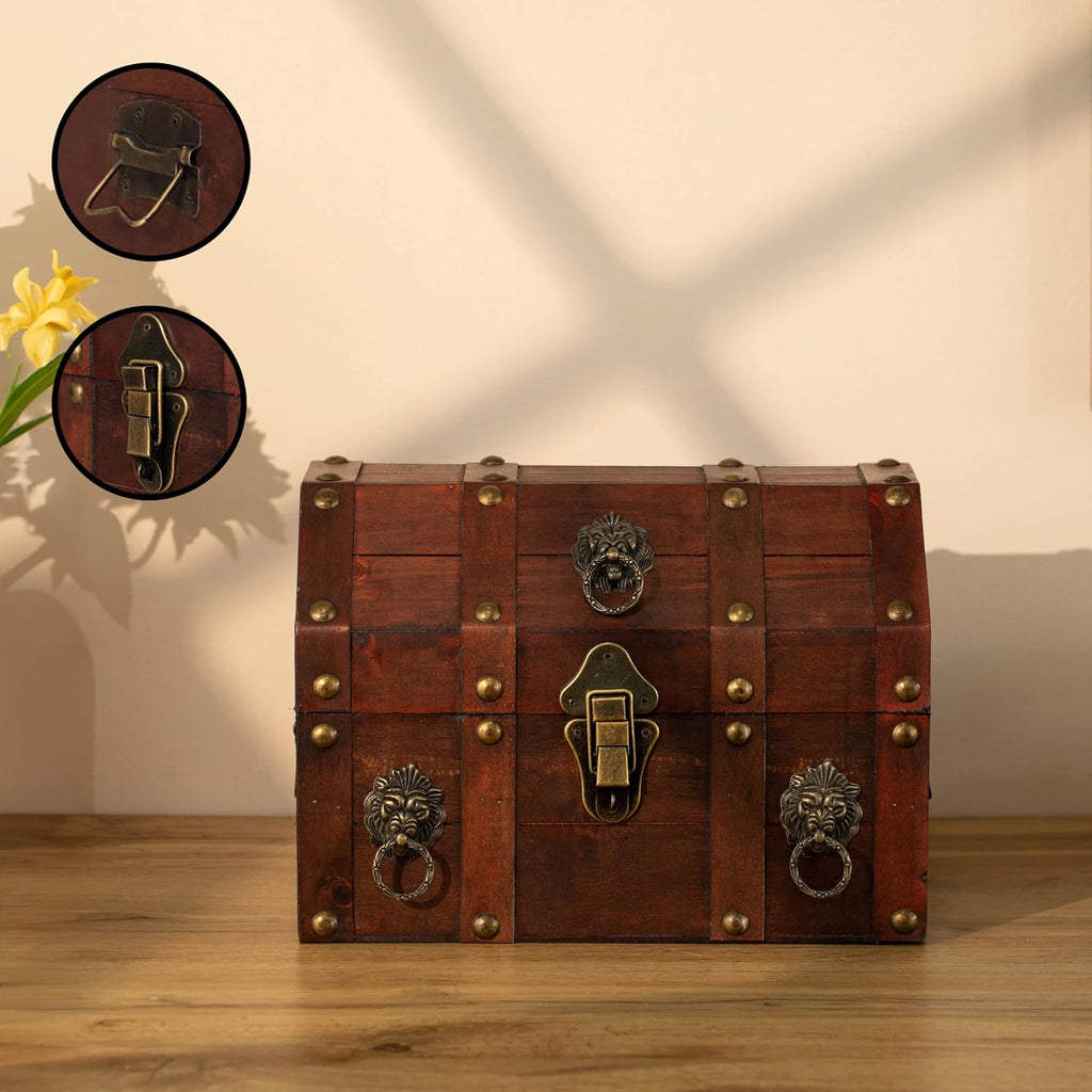 Handmade Pirate Treasure Chest with Latch - Vintage Wooden Storage Trunk and Treasure Box with Hinged Lid - Antique