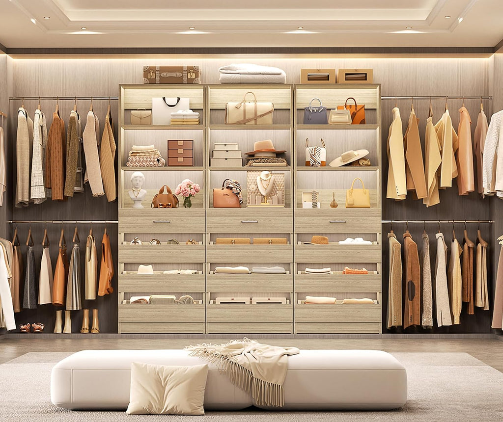 Closet System with 12 Drawers, 8.5-11.5Ft Wood Closet Organizer System with 4 Hanging Rods & 3 Towers, 4Ft & 6Ft