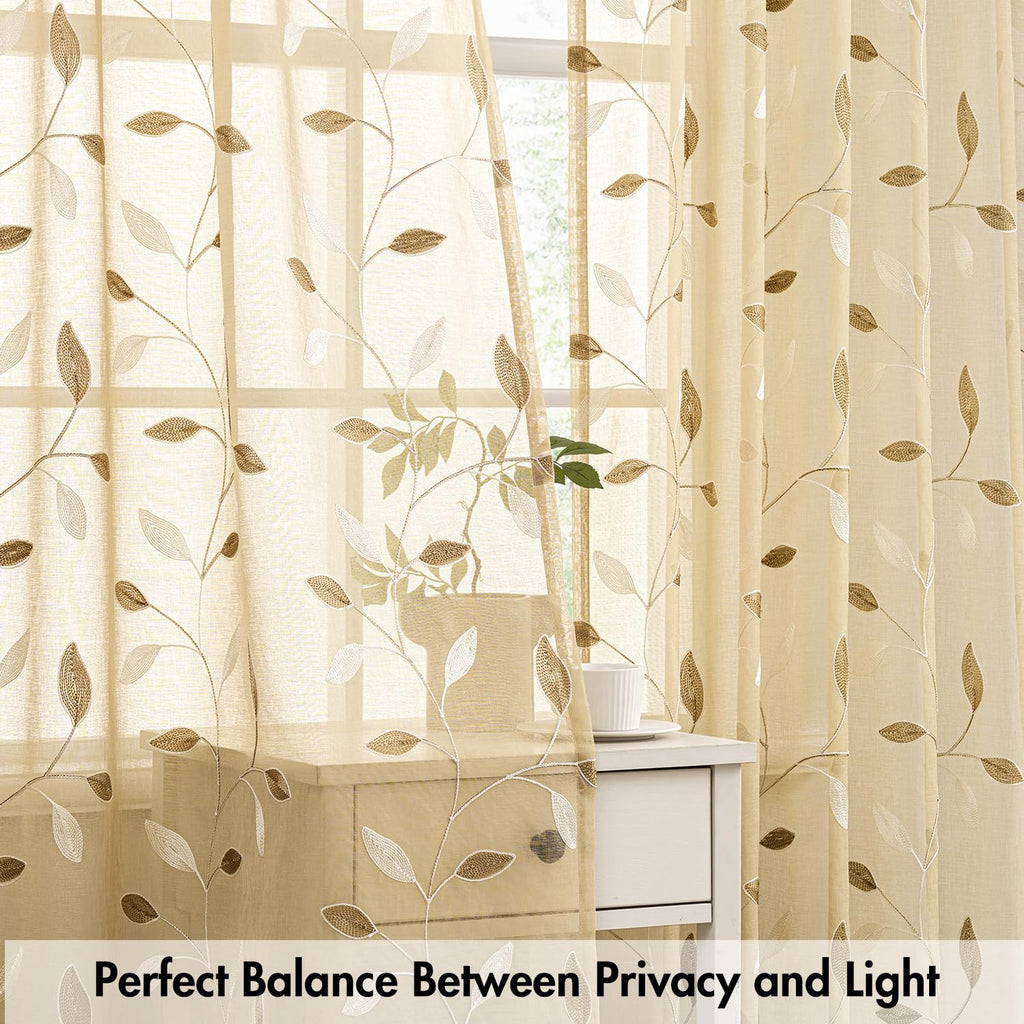 Beige Sheer Curtains 2 Panels Embroidered Leaf Patterned, W52 x L84