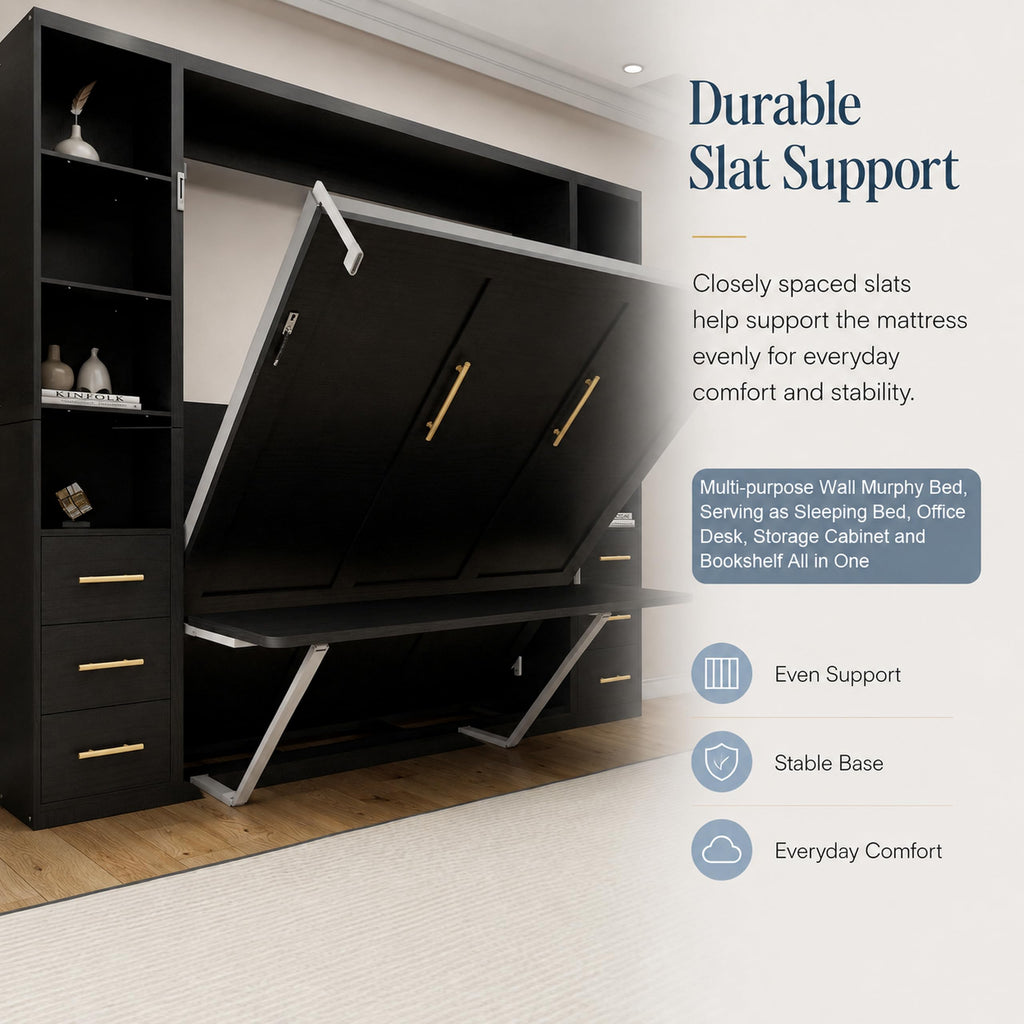 Queen Murphy Bed with Storage, Integrated Desk, Side Cabinets and Drawers