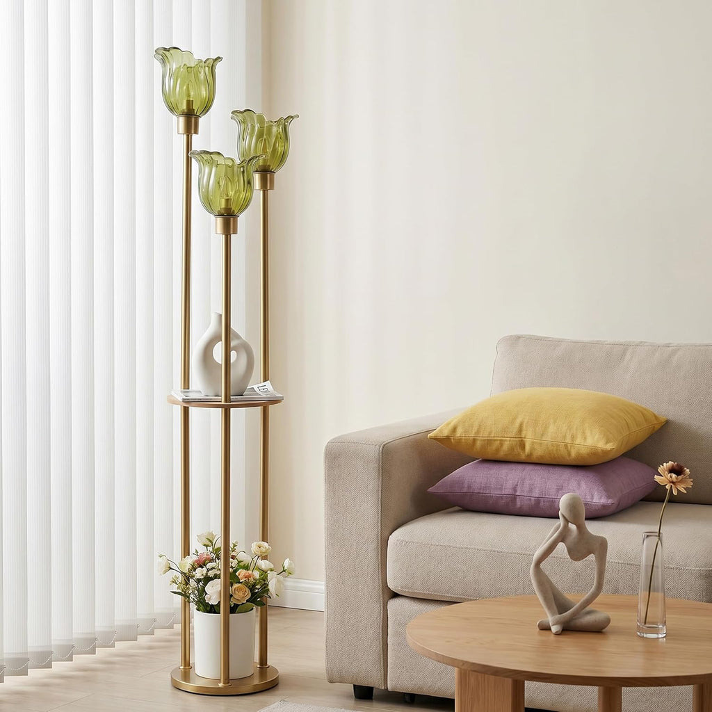Modern Gold Floor Lamp with 3 Crystal Shades and Shelves, 3-Light Standing Lamp with Foot Switch, FWGGEEN02