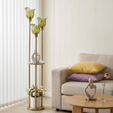 Modern Gold Floor Lamp with 3 Crystal Shades and Shelves, 3-Light Standing Lamp with Foot Switch, FWGGEEN02
