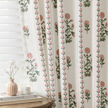 Floral Pinch Pleated Linen Curtains for Living Room Bedroom Dining Room Farmhouse, Light Filtering Memory Trained (2 Panels)