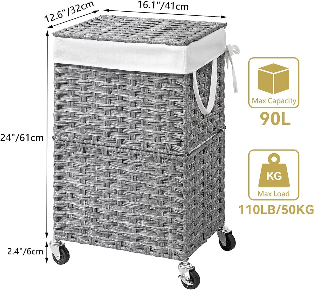 Wicker Laundry Basket with Wheels,Rolling Laundry Hamper with Lid | 90L Slim Clothes Hamper with Wheels & Removable