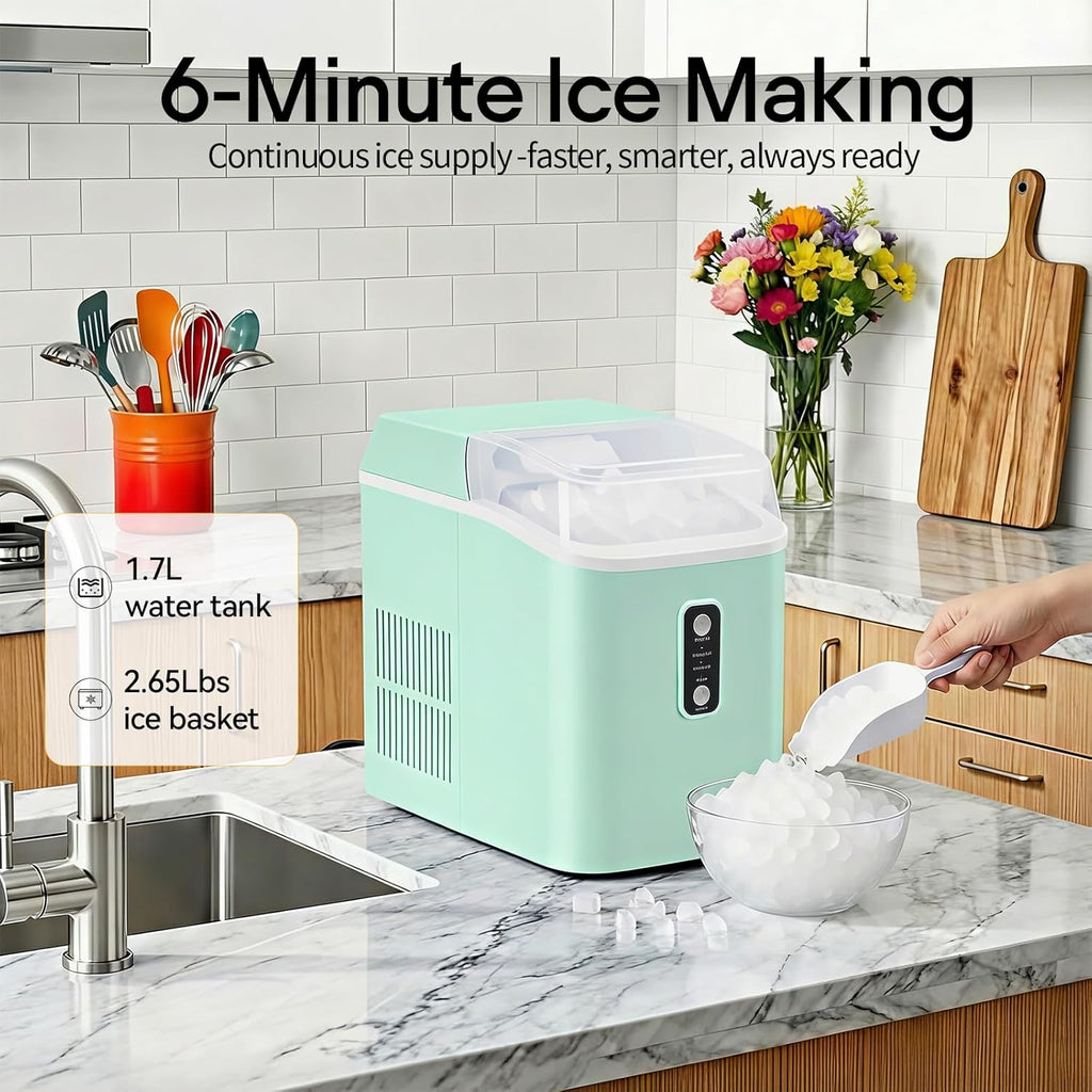 Nugget Ice Maker Countertop, Portable Ice Makers Machine with Removable Basket and Scoop, Self-Cleaning, Quiet, 6-Min