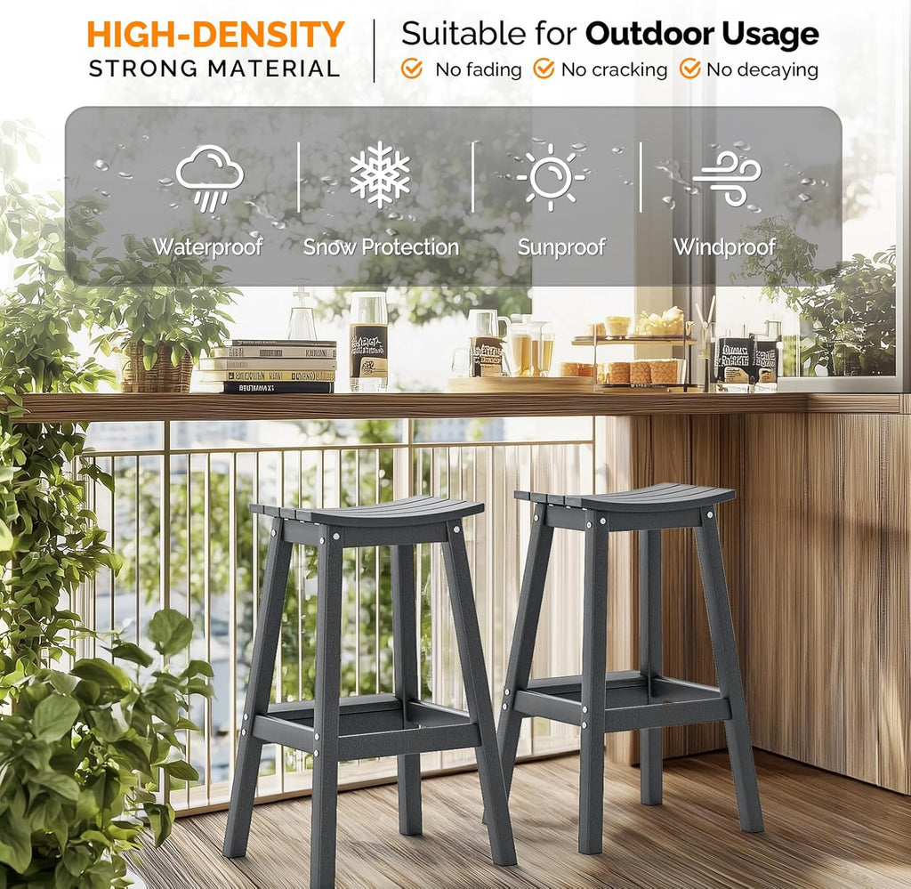 29" Outdoor Bar Stools Set of 2, HDPE Poly Lumber Bar Chairs with Footrest, Weather Resistant Patio Barstools