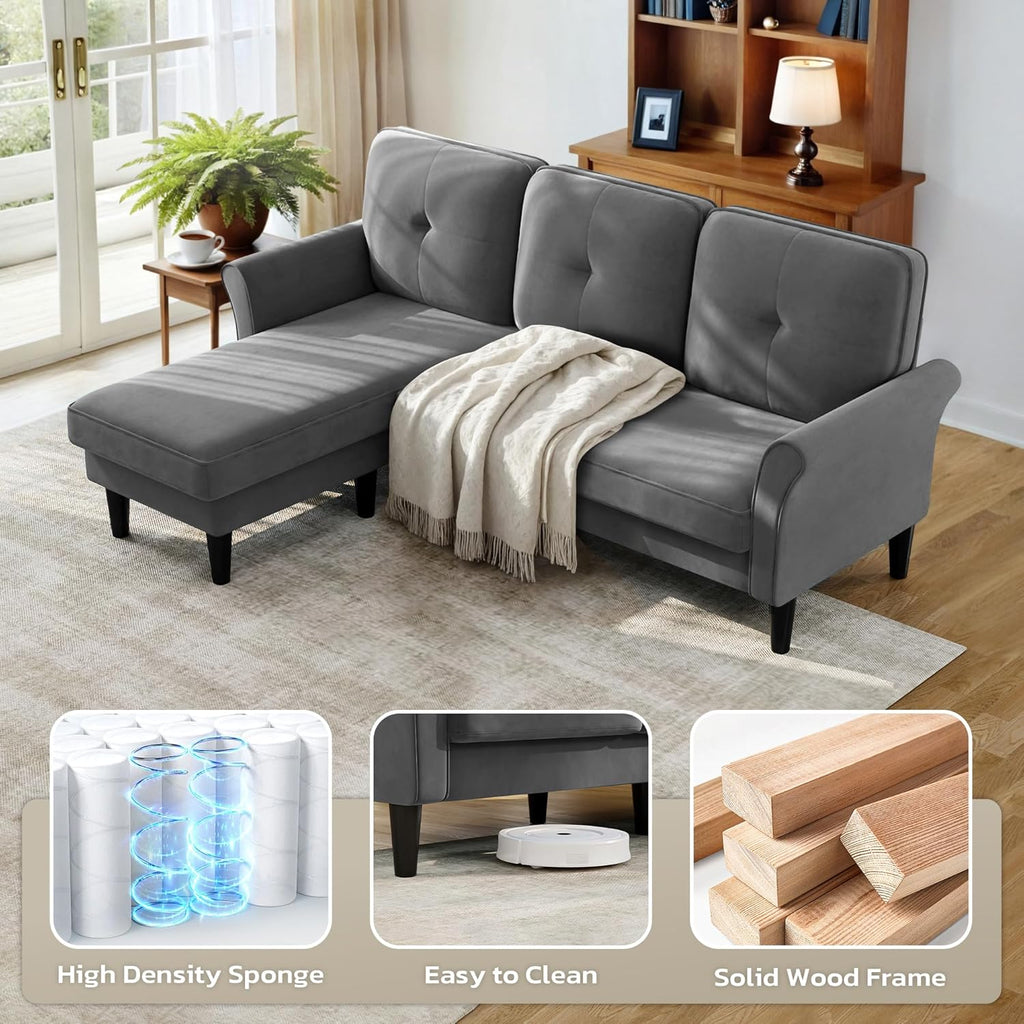 Sofas for Living Room, 83" Velvet Sectional Couch with Moveable Ottoman, Midcentury Modern Small Sectional Couch