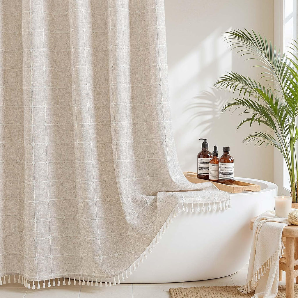 Farmhouse Linen Textured Shower Curtain with Snap-in Liner Set, No Hooks Needed, with Tassels for Rustic Bathroom