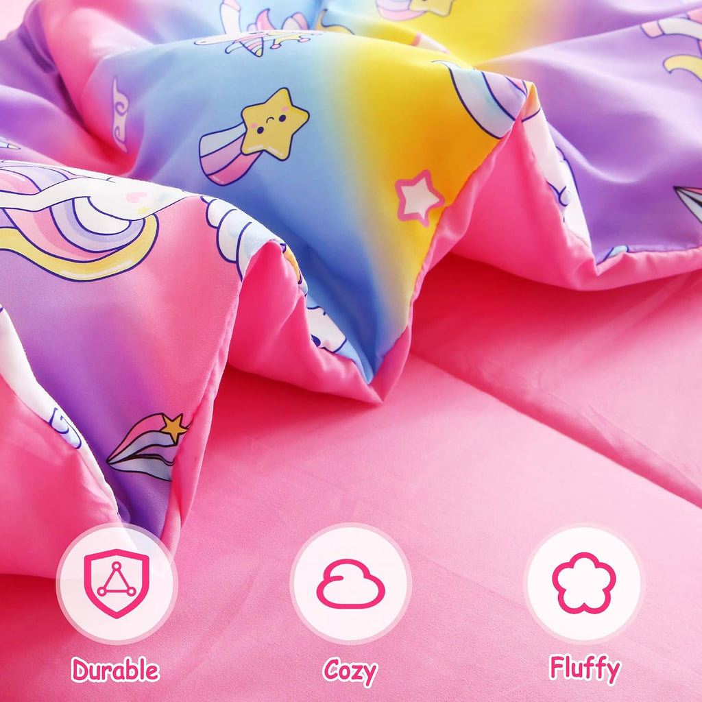 Kids' Rainbow Unicorn Twin Comforter Set, 5-Piece | Soft Fluffy Bed-in-a-Bag, Fitted Sheet, Flat Sheet, Pillowcase