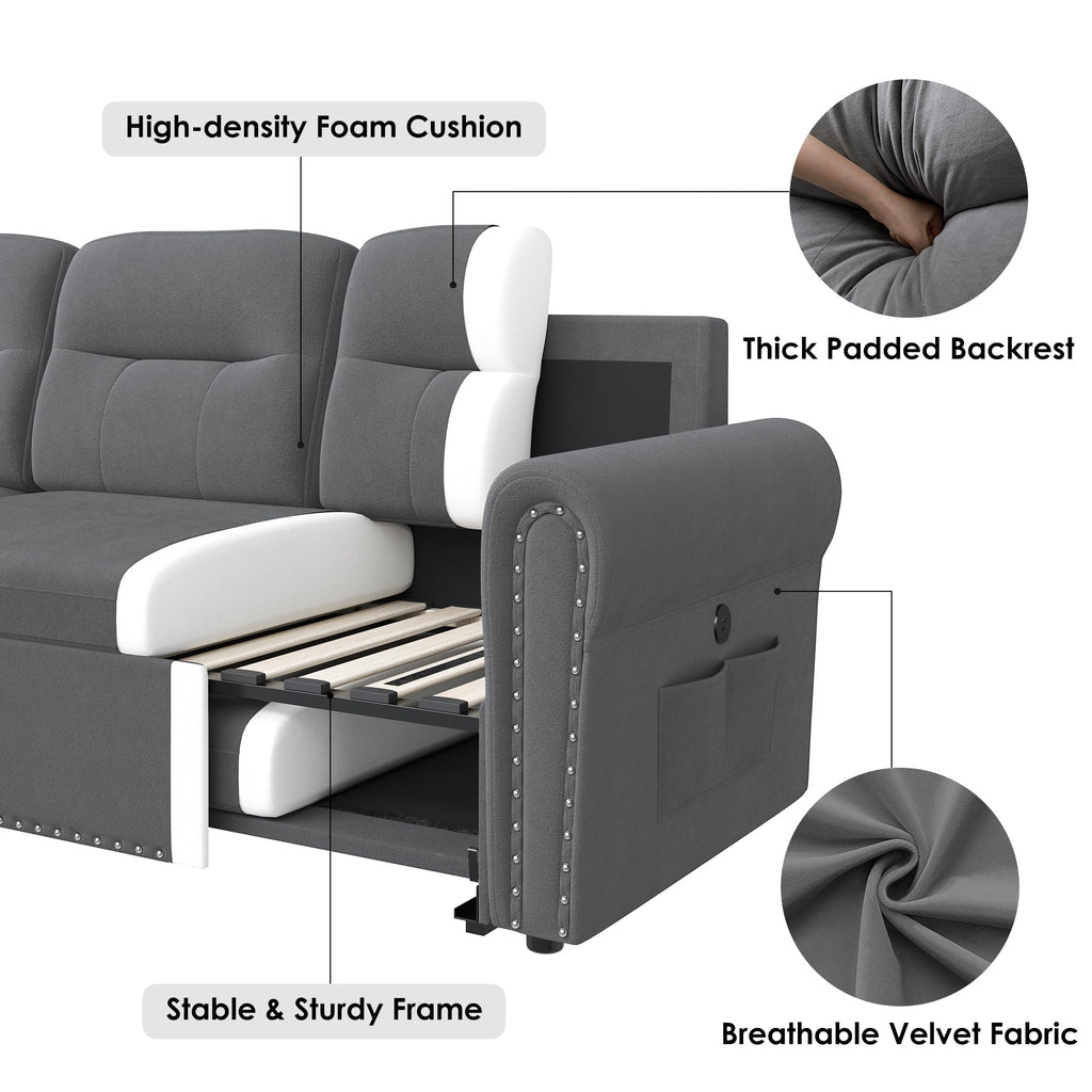 Sleeper Sofa Bed, 83'' Sectional Couch with Reversible Storage Chaise & Nailhead Armrest, Pull Out Couches, Side