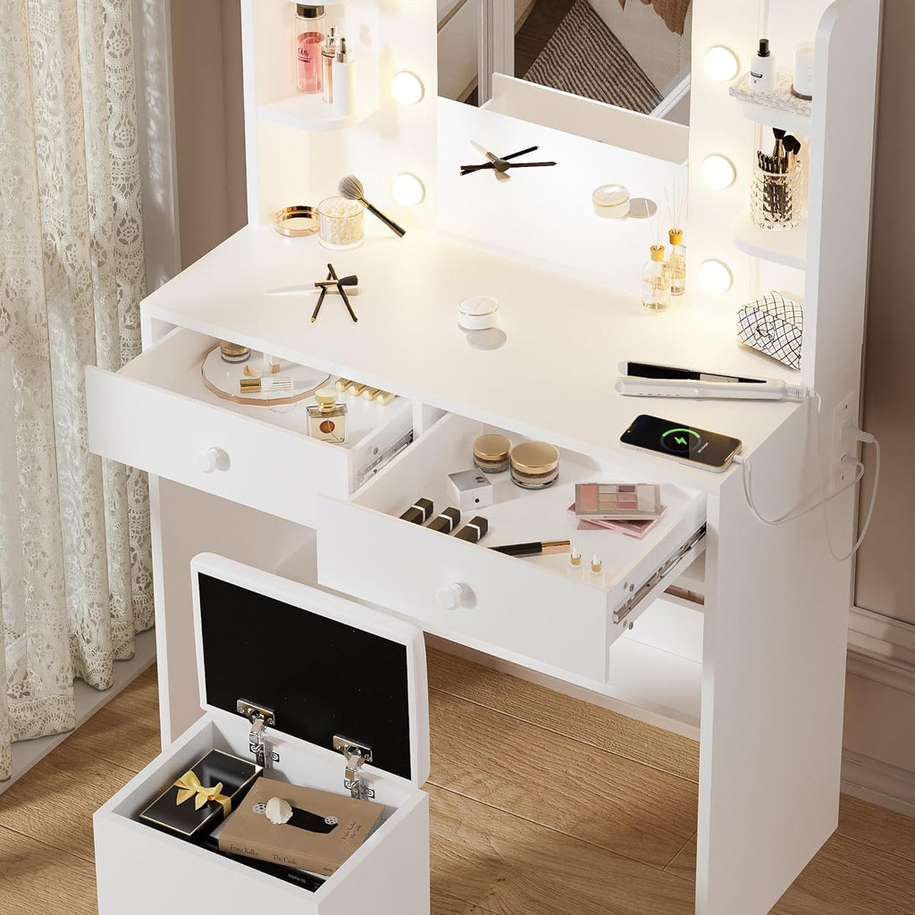 Makeup Vanity Desk with Lighted Mirror and Chair Set, White | 10 LED Light Bulbs, 3 Lighting Modes, Built-in Power