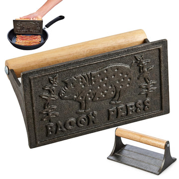 Bacon Press, Heavyweight Cast Iron, Rectangular With Wood Handle, For Stovetop Grill And Griddle