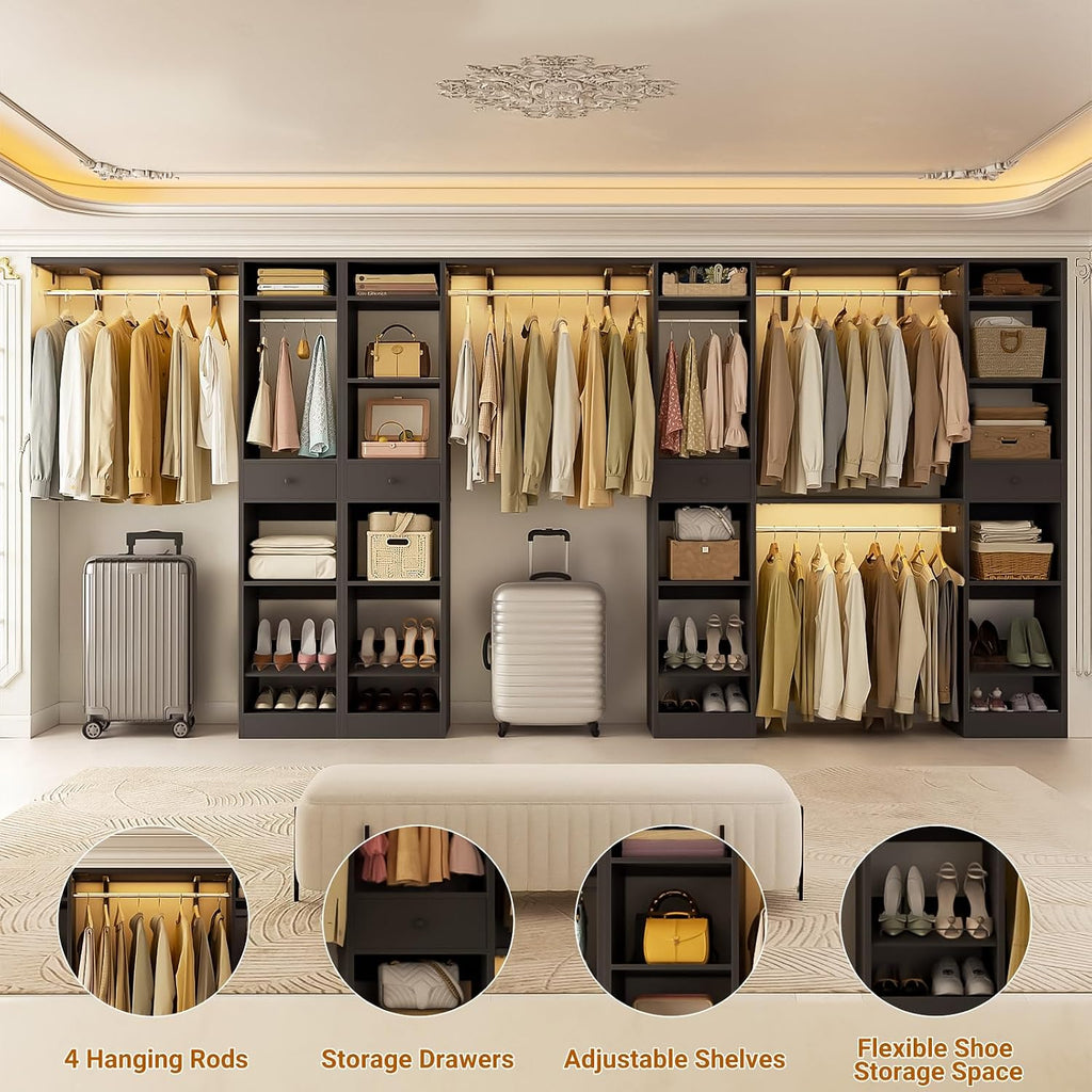 10-15FT Closet Systems, Large Wood Walk in Closet Organizer with Hanging Rods and Drawers, Heavy Duty Closets
