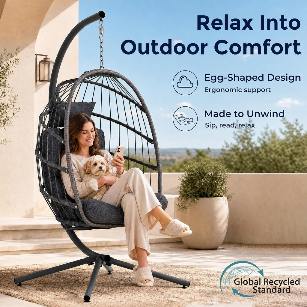 Egg Chair Outdoor with Stand, Indoor Wicker Hanging Egg Swing Chair with Cushion, 370lbs Capacity , Garden - Dark Grey