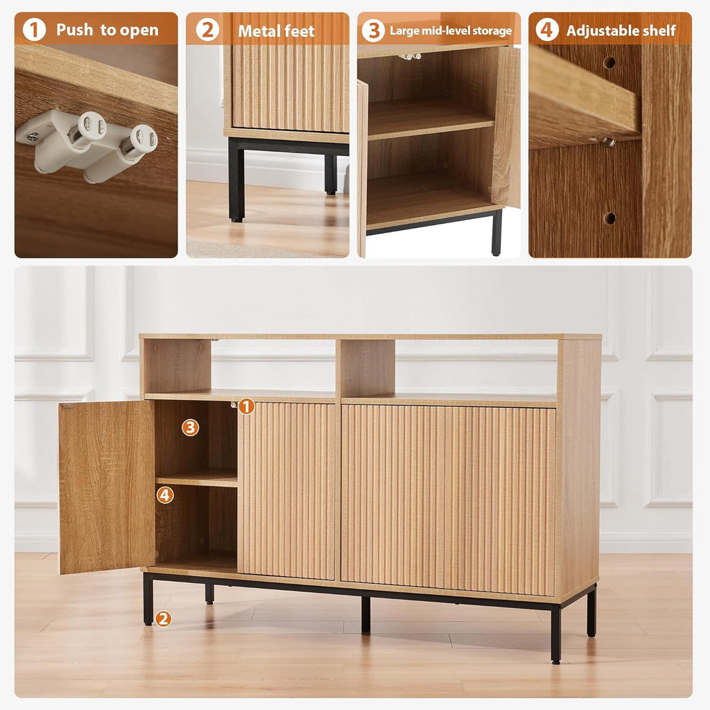 Farmhouse Buffet Sideboard Cabinet with Storage, Fluted Coffee Bar with Doors and Adjustable Shelves