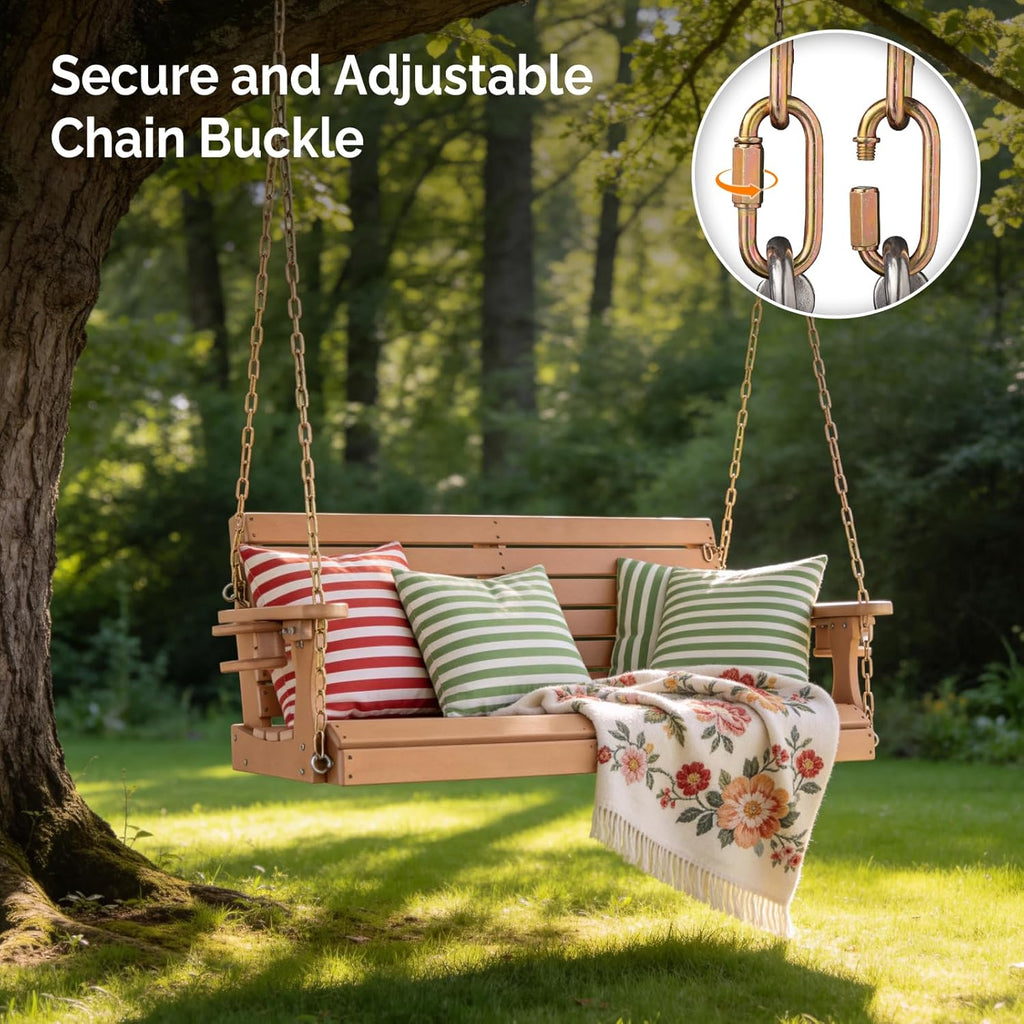 4 FT HDPE Porch Swing Outdoor with Rotatable Cup Holder, Teak | Recycled Plastic Porch Swing with Ergonomic Design