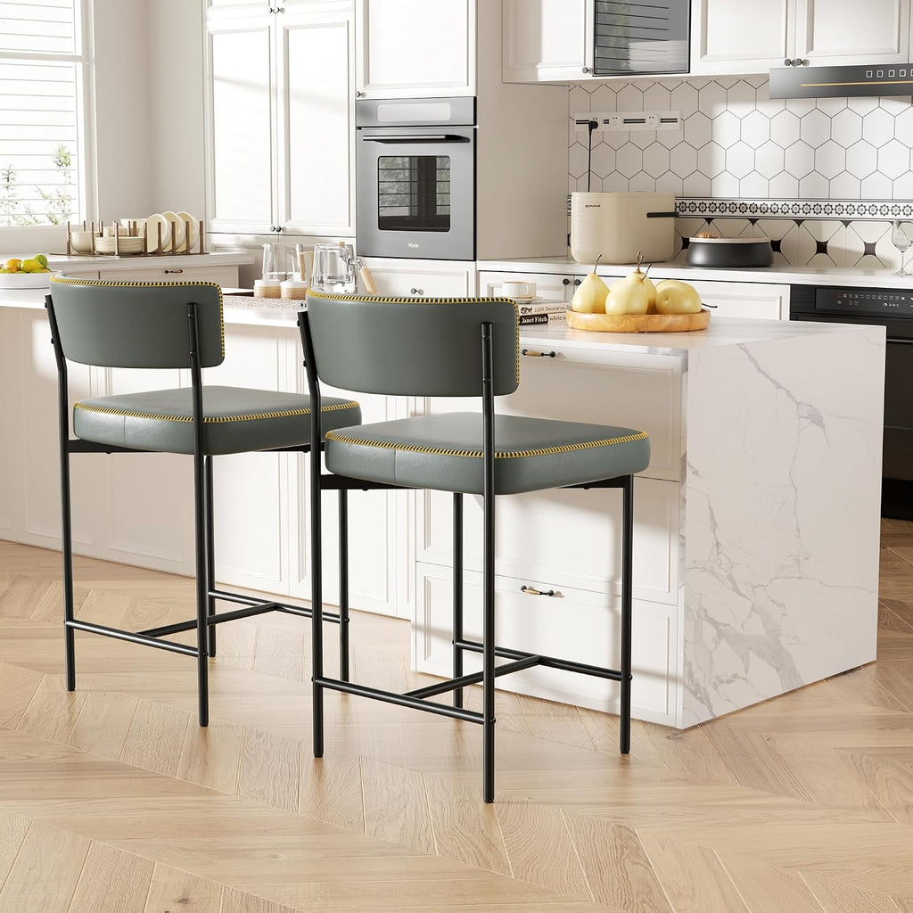 Bar Stools Set of 3, Faux Leather Counter Height Barstools with Curved Back, 25 Inch Upholstered Bar Chairs