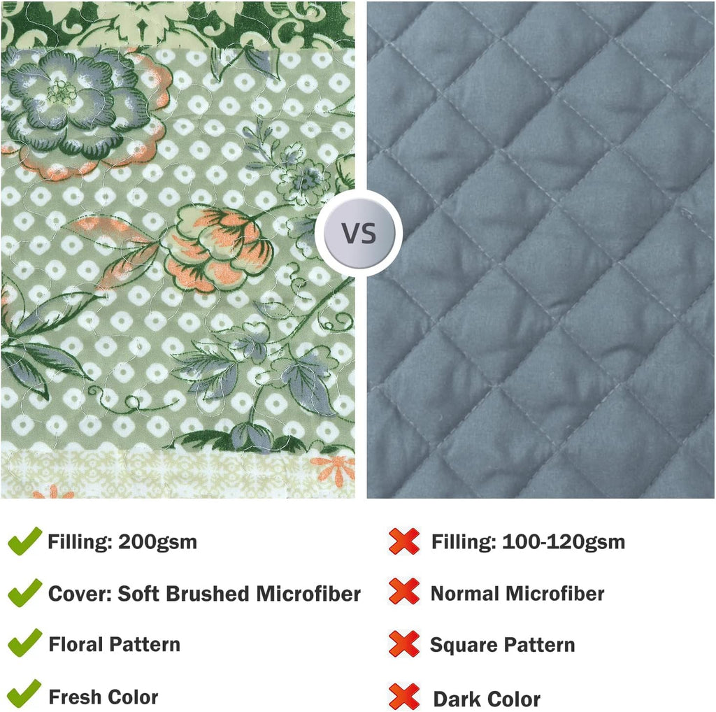 Summer Floral Quilted Bedspread,Romantic Green Quilt Set,Reversible Stitched Bedding Cover All Season,Soft