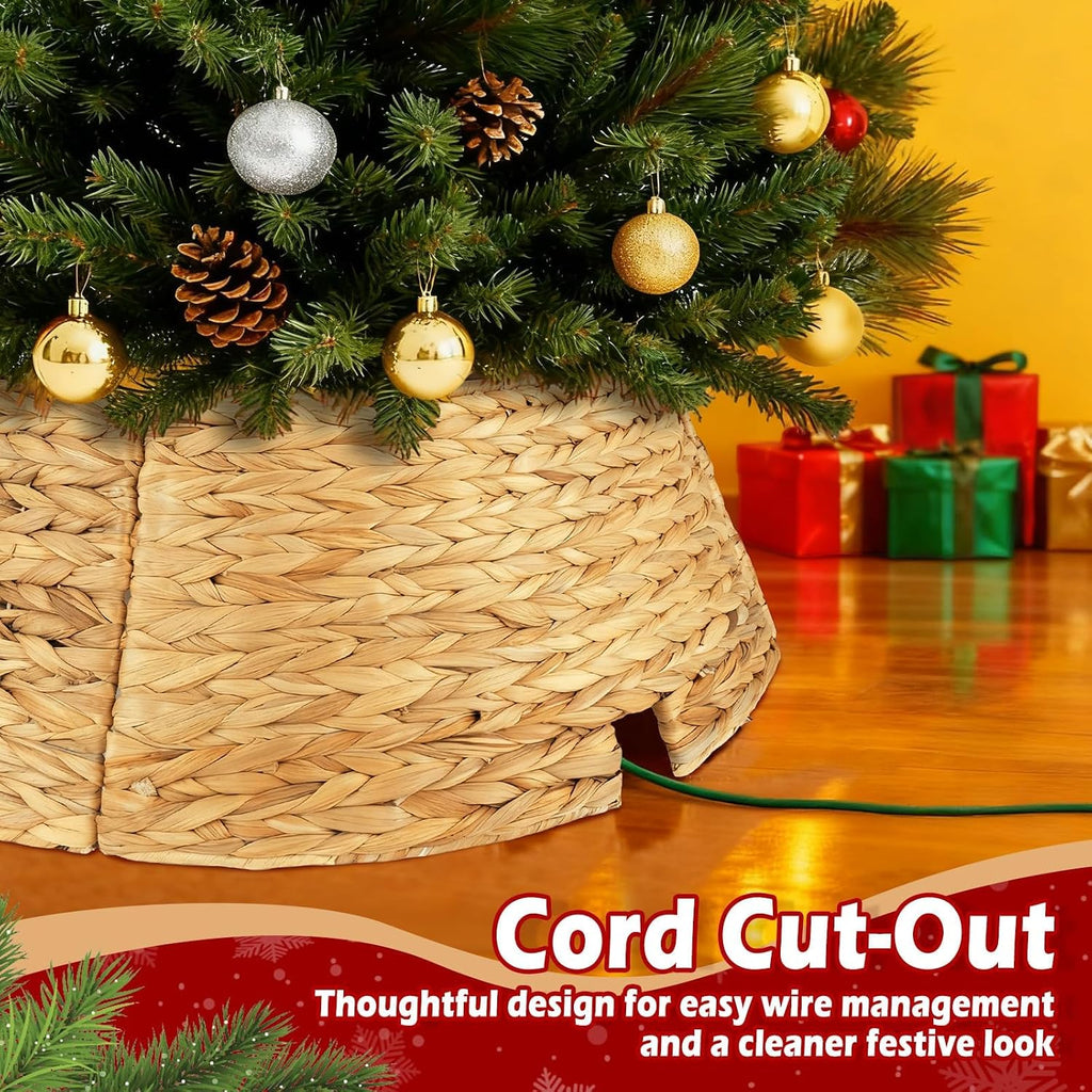 27" Hyacinth Christmas Tree Collar, Rustic Woven Rattan Tree Skirt Ring, 4 Piece Wicker Basket Base Cover with Cord