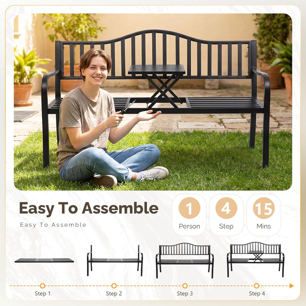 59" Outdoor Metal Bench Patio Bench with Built in Table Park Bench Garden Bench, Outside Benches Weather Proof Front