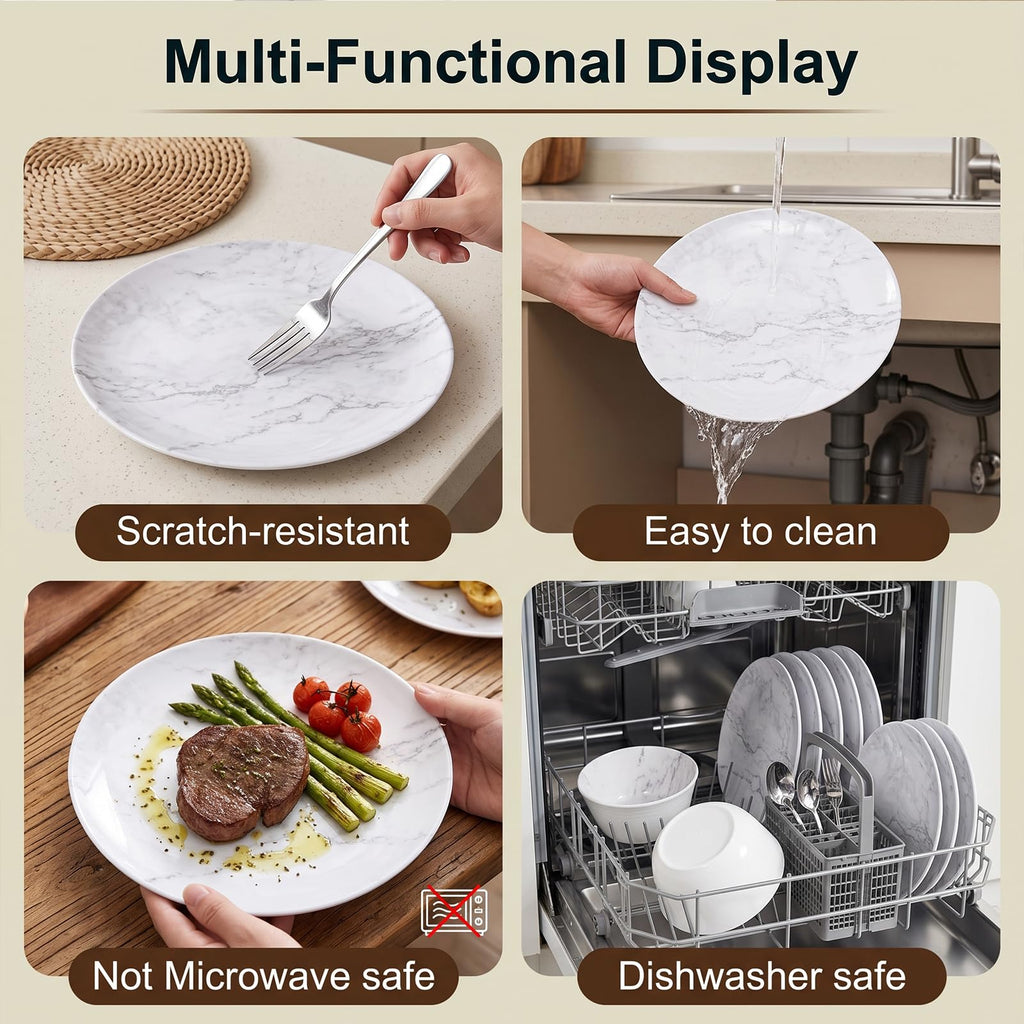 12-Piece Melamine Dinnerware Sets, Modern White Round Dish Set for 4