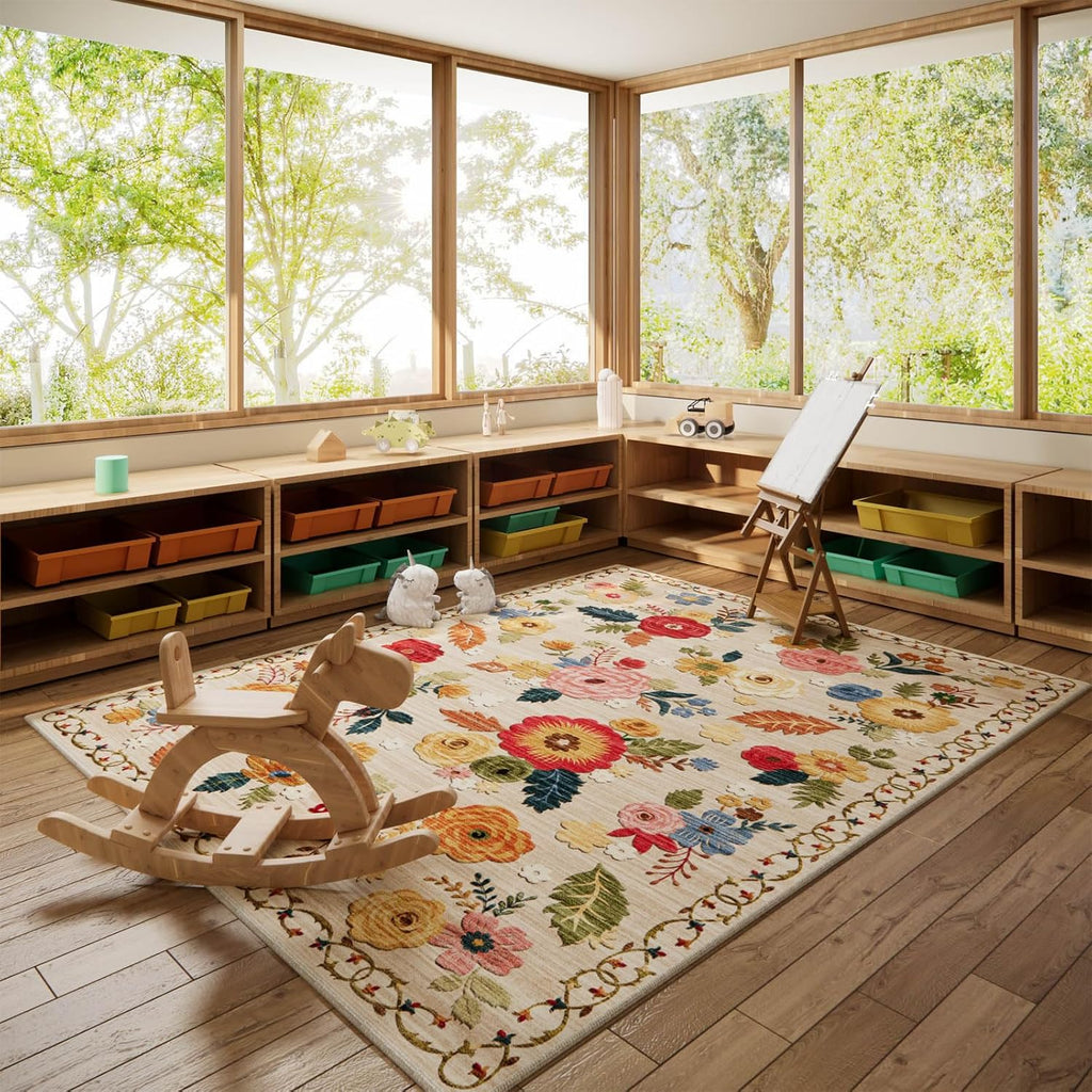 Area Rugs for Living Room: Washable Rug Non Slip Low Pile Soft Faux Wool Non Shedding Distressed Vintage Floral