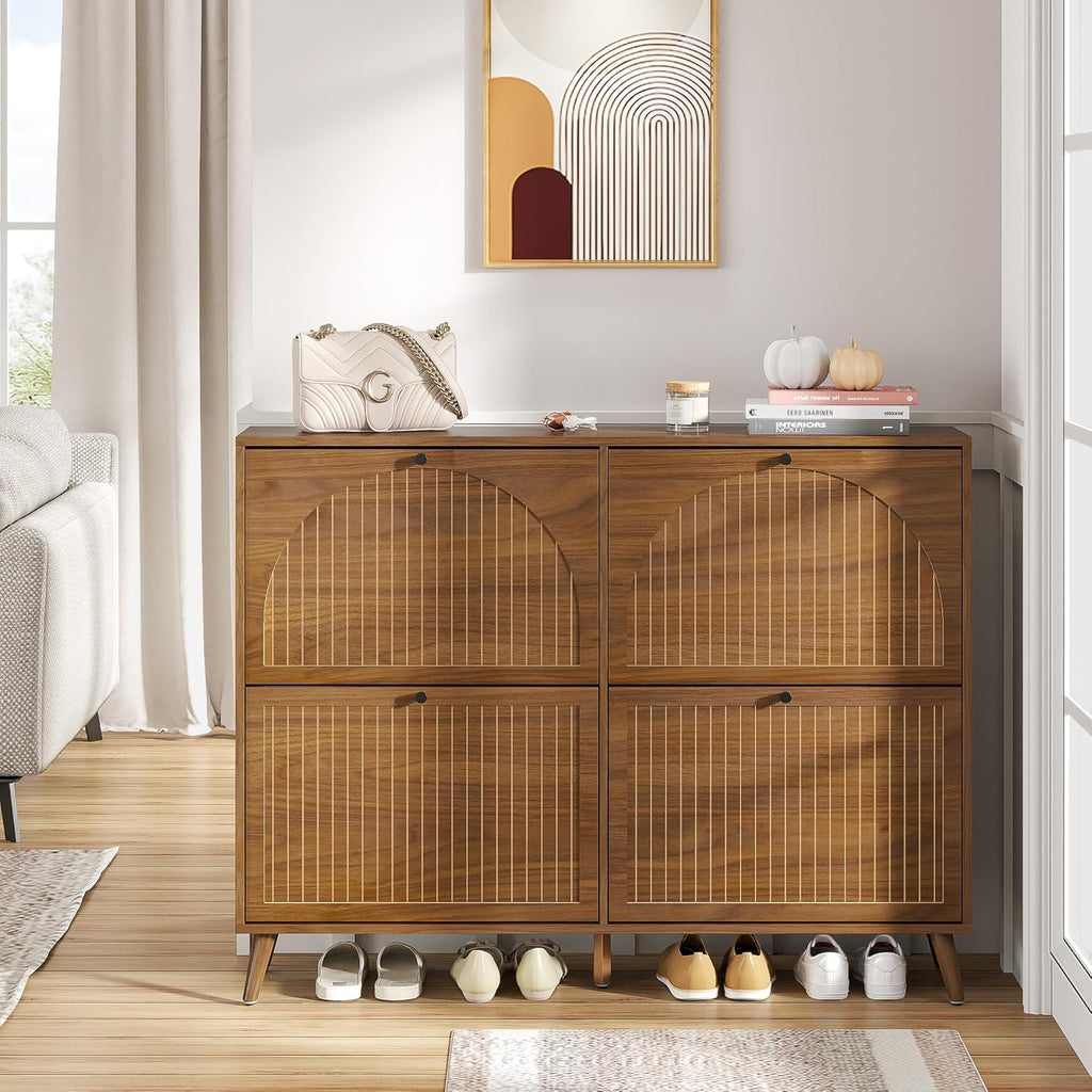 Shoe Storage Cabinet with 4 Flip Drawers, Narrow Shoe Organizer with Fluted Panel, Freestanding Wood Hidden Shoe