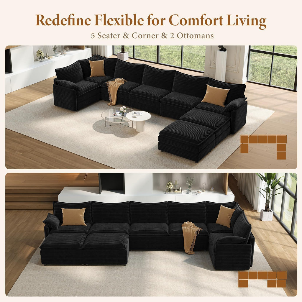 169" U Shaped Sectional Modular Couch, Comfy Cloud Sofa, Black