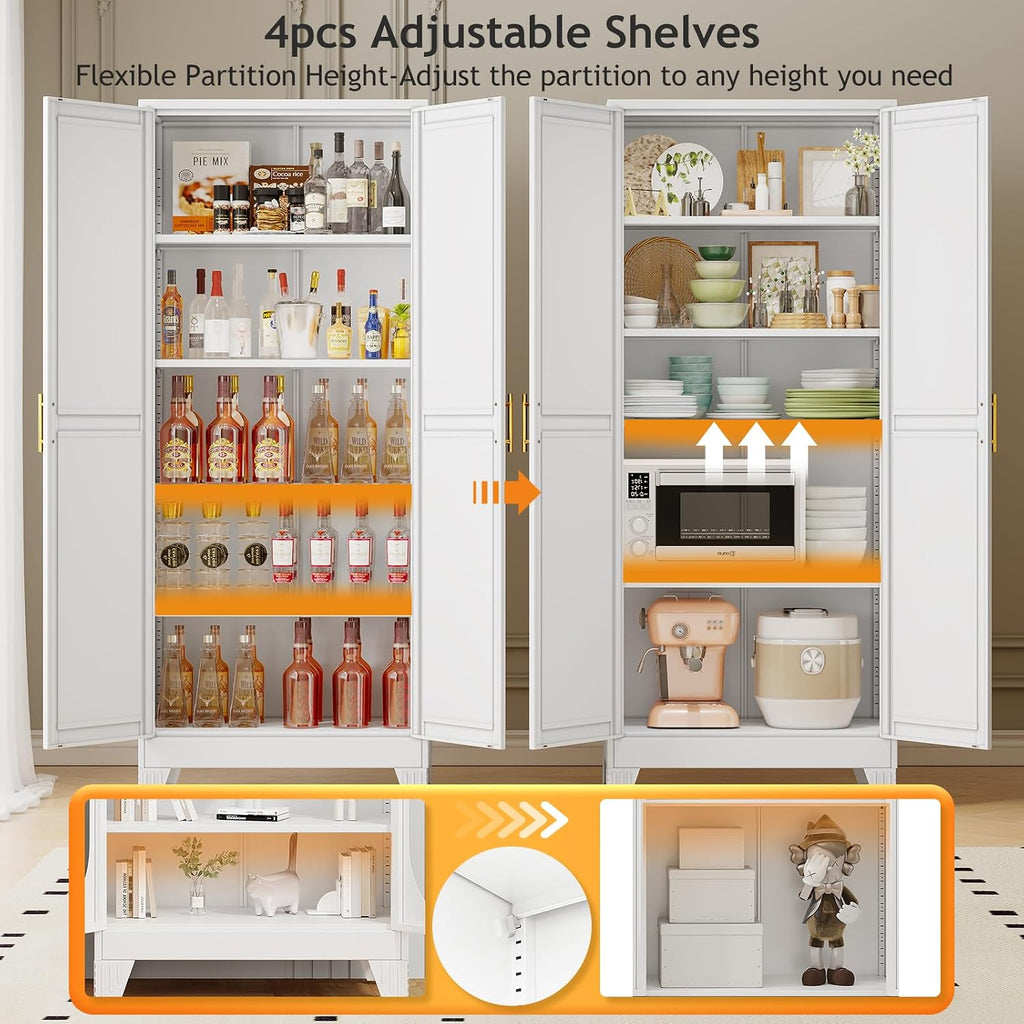 71" Tall Metal Pantry Storage Cabinet with Doors and 4 Adjustable Shelves, White Kitchen Food Pantry Cabinets, Tall