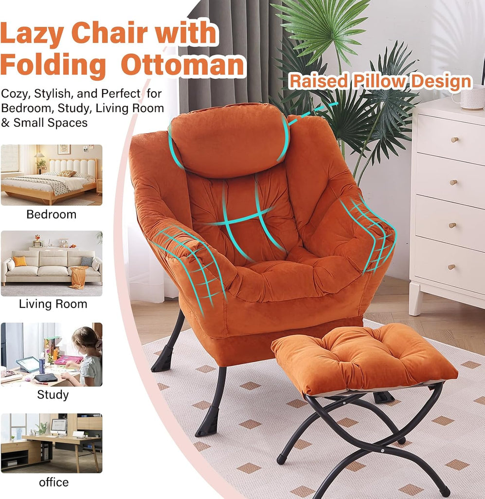 Lazy Chair with Ottoman, Modern Accent Chair with Armrests and a Side Pocket, Velvet Orange Accent Chairs, Reading