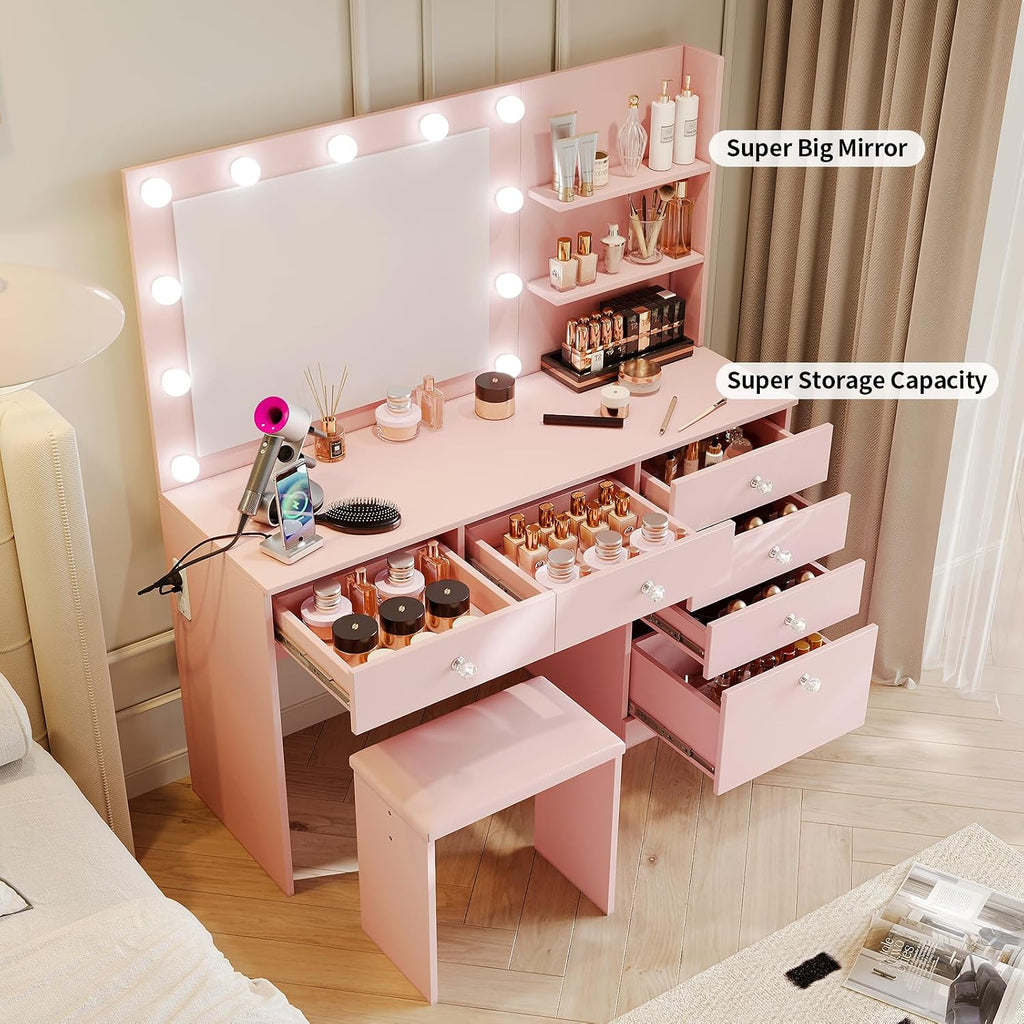 47" Vanity with Outlet - Makeup Vanity Desk with Mirror, Storage Shelves and 6 Drawers, 3-Color Light, Makeup Desk