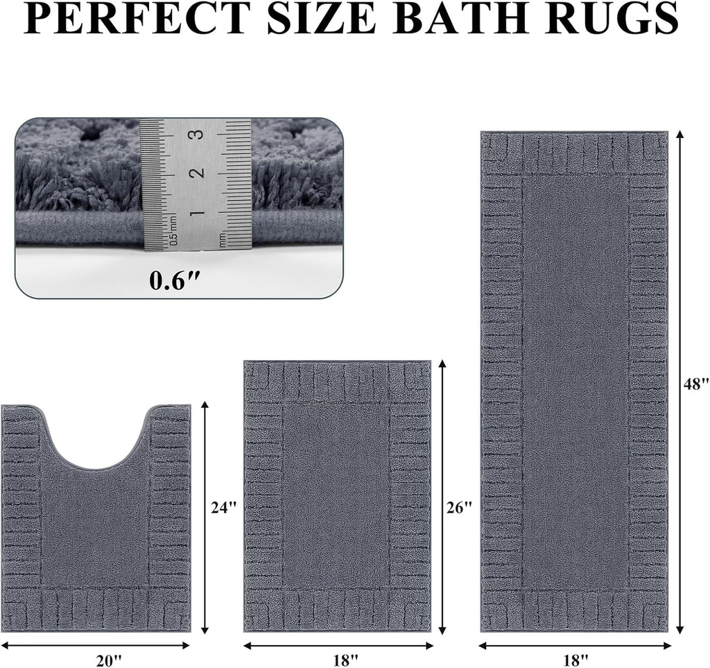 Bathroom Rugs Sets 3 Piece, Microfiber Bath Mat Set, Dark Grey | Non Slip Washable, Soft Plush, Extra Absorbent Bath