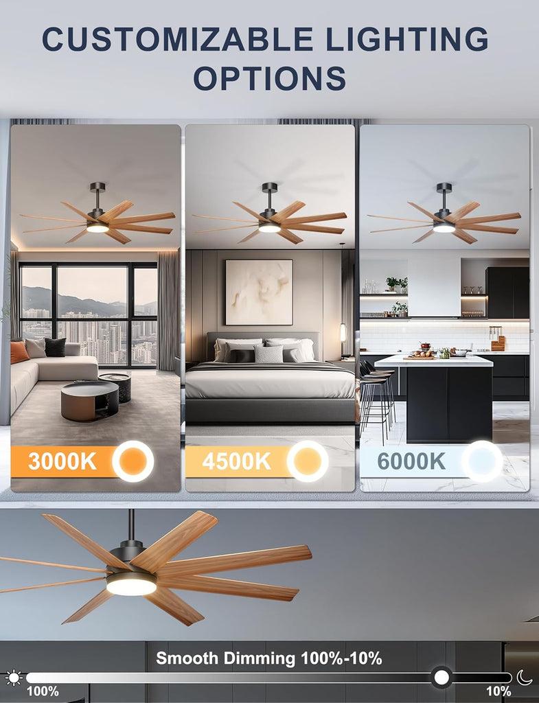 60'' Ceiling Fan with Light - 8 Blades Modern Farmhouse Ceiling Fan Remote/APP Control, Dimmable