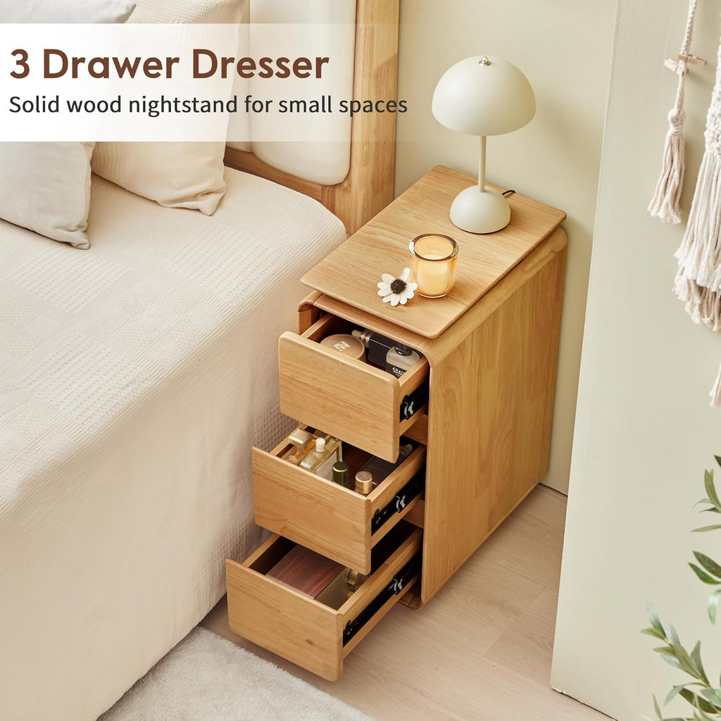 Solid Wood Nightstand, Fully Assembled Narrow Bedside Table with 3 Drawers & Hidden Handles, Mid-Century Modern End