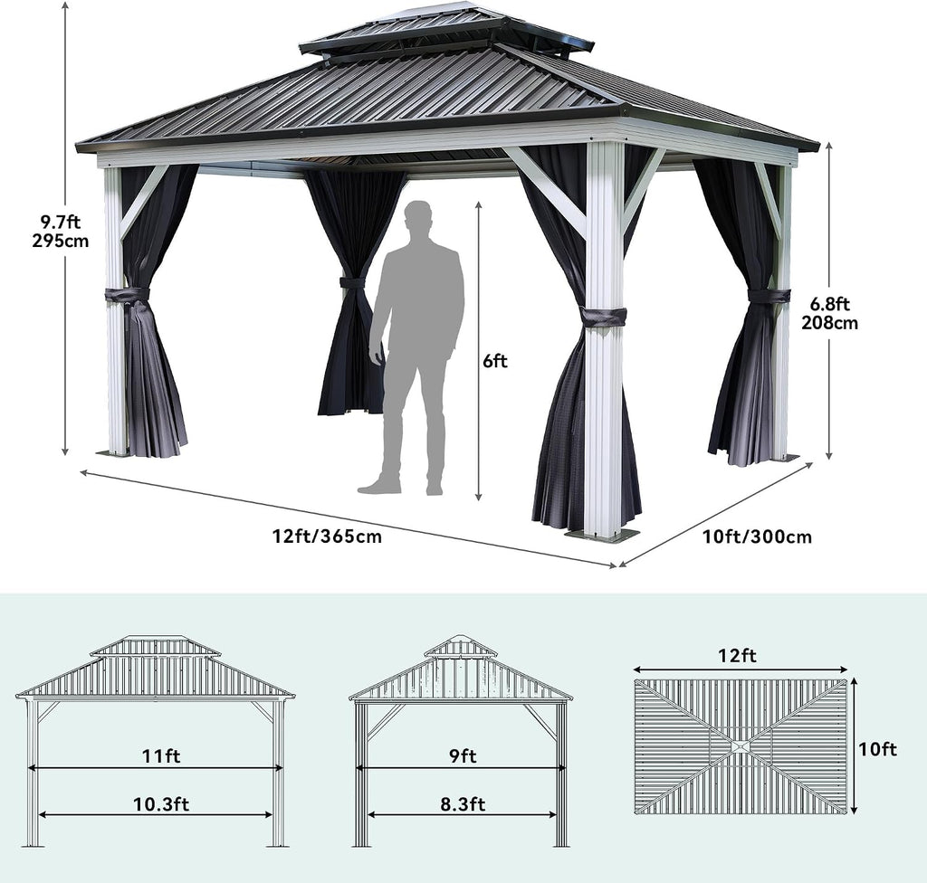 White Gazebo 10x12ft Hardtop Double Roof Canopy Galvanized Iron Aluminum Frame Outdoor Gazebo with Netting and Shaded