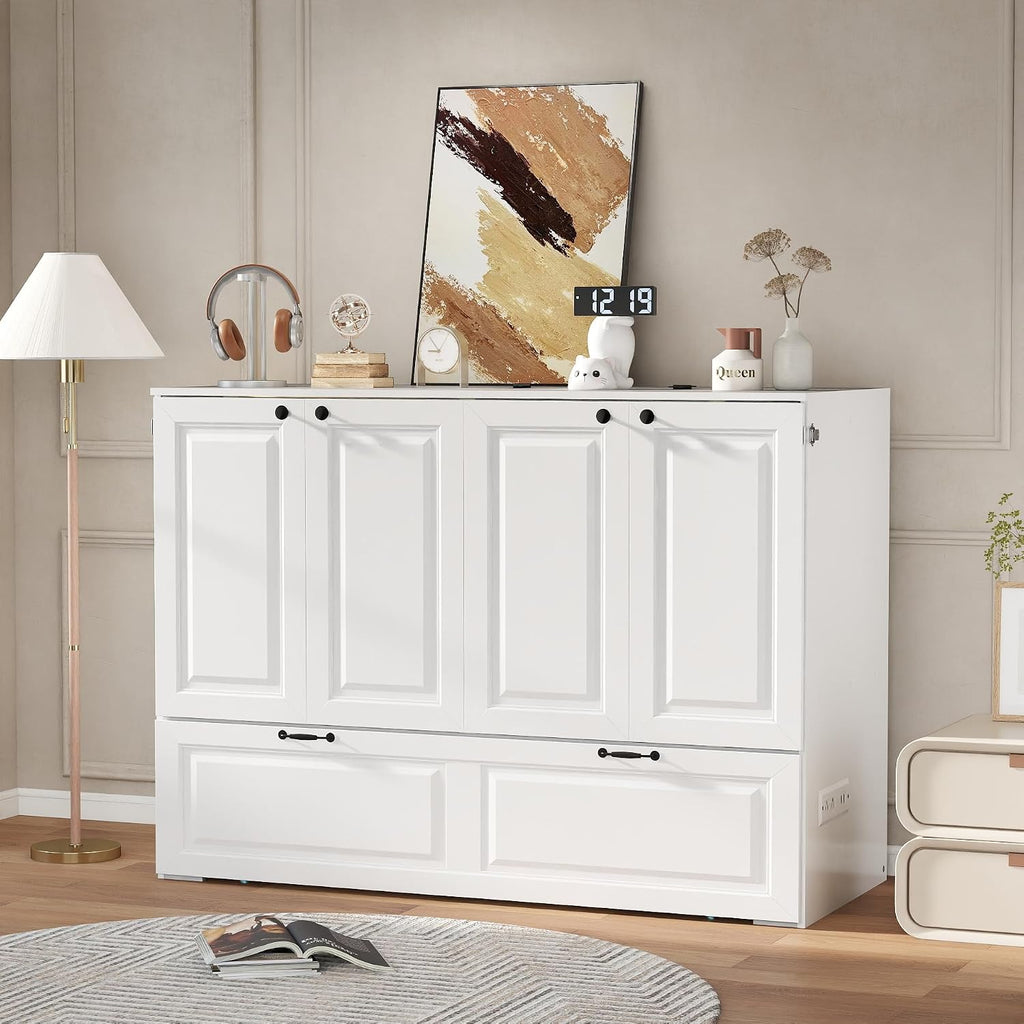 Full Murphy Bed Cabinet: White 2 in 1 Murphy Bed, Wood Cabinet Beds with Storage Drawer, Foldable and Charging