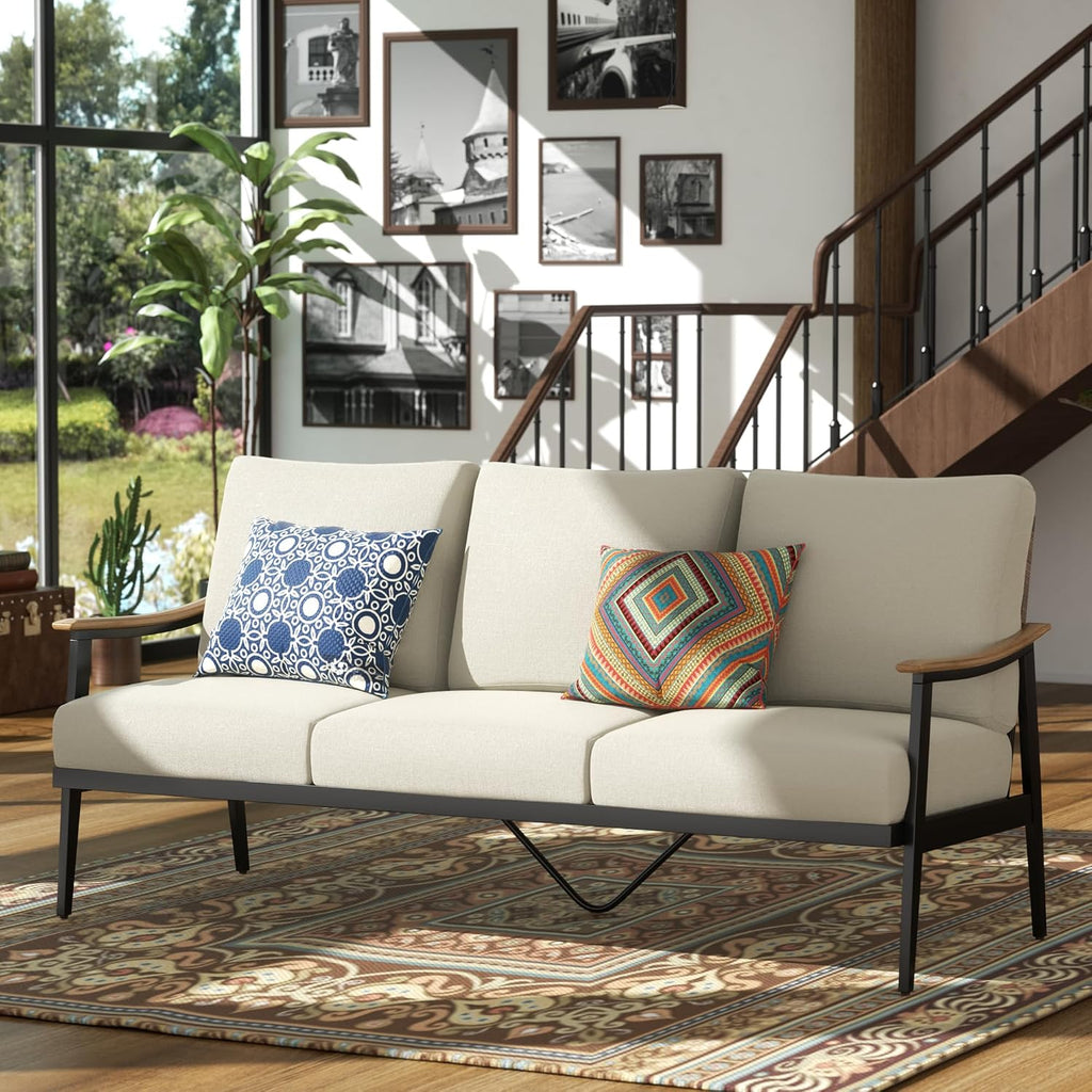 3-Seat Patio Couch Sofa, Wicker Back, Woodgrain Arm | Metal Outdoor Sofa with Adjustable Feet, Natural Wood-garin