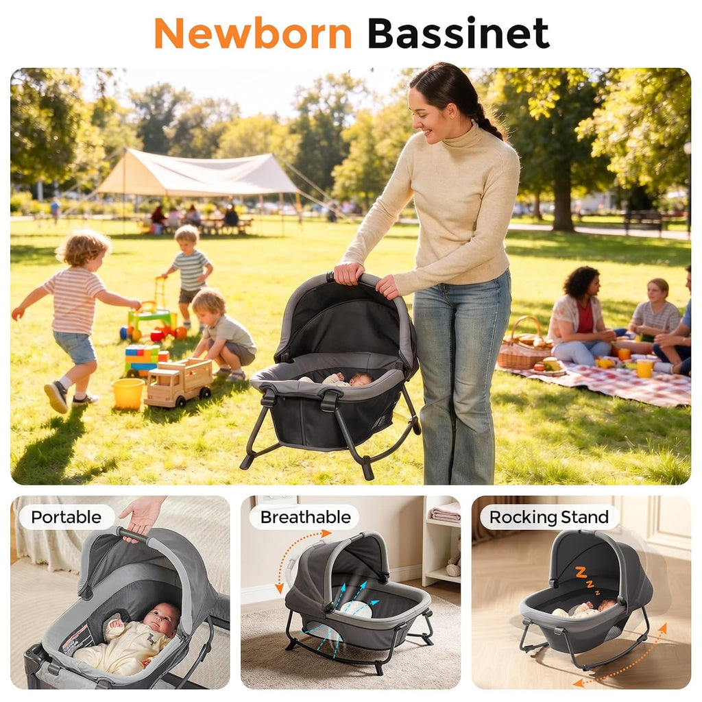 Pack and Play with Bassinet - 7 in 1 One-Step Setup Bedside Crib, Portable Playpen, Travel Crib, Baby Playard with